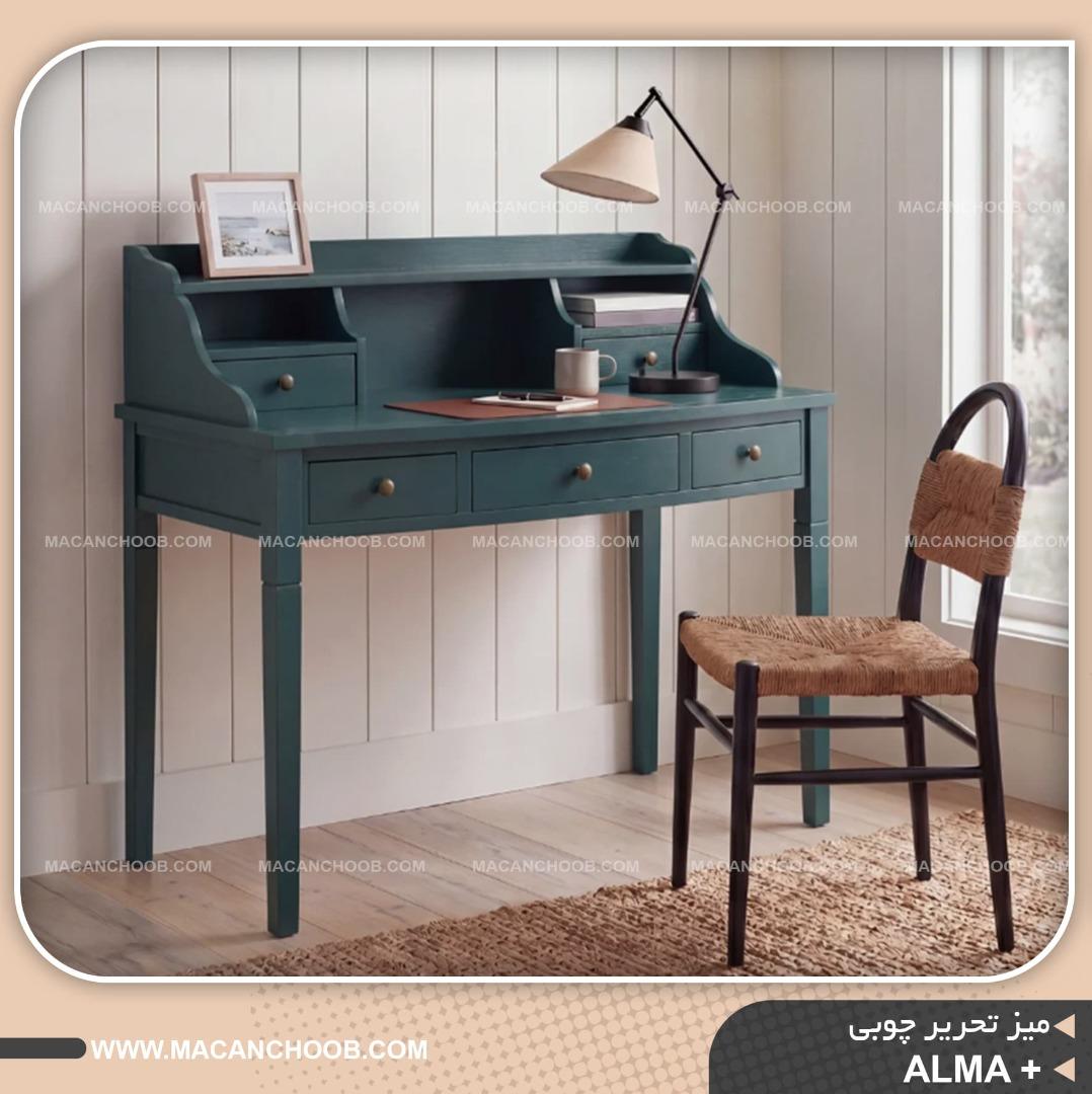 میز تحریر چوبی کشو و کتابخانه دار با بدنه پتینه و سند بلاست شده مدل +ALMA