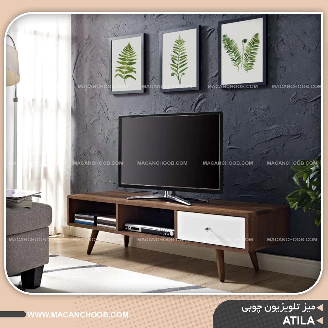 میز تلویزیون چوبی کشو دار و قفسه دار لبه کرو شده مدل ATILA