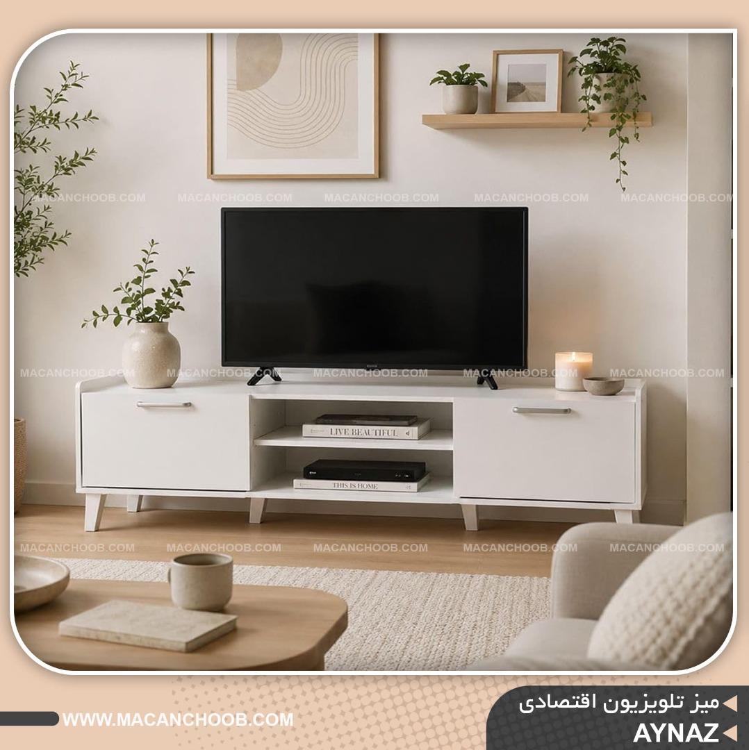 میز تلویزیون پایه چوبی عرض 160 درب دار و قفسه دار مدل AYNAZ