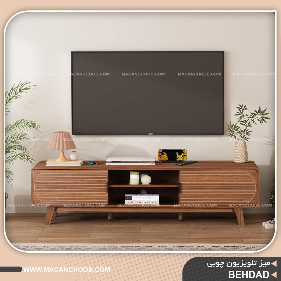 میز تلویزیون چوبی لبه کرو شده درب ریلی مدل BEHDAD  