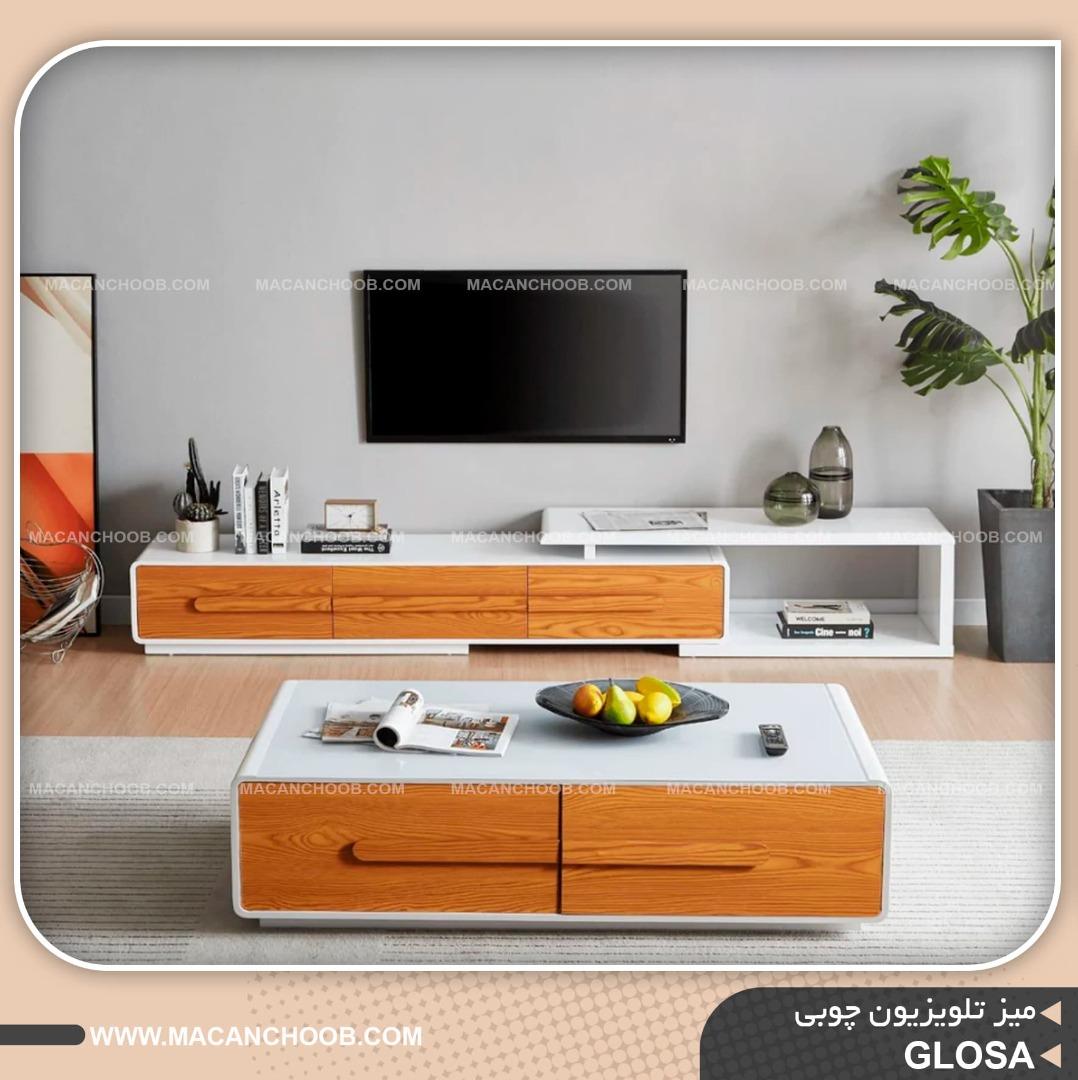 میز تلویزیون چوبی سه کشو ریلی حاشیه کرو شده مدل GLOSA
