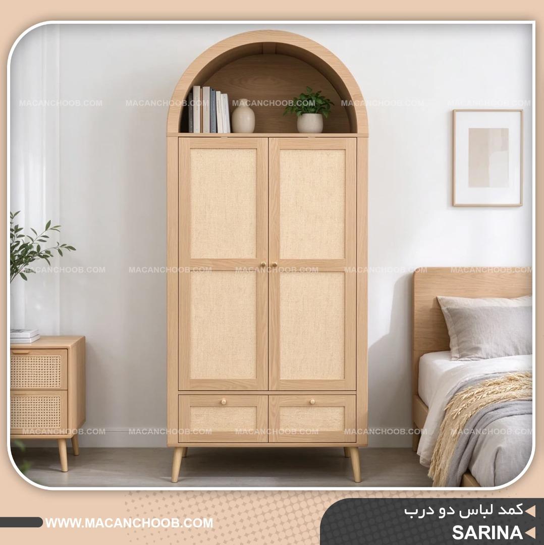 کمد لباس چوبی روستیک درب حصیر بامبو گنبدی کتابخانه دار مدل  SARINA