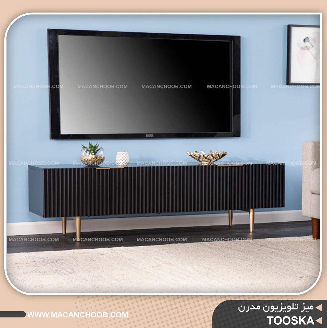 میز تلویزیون پایه چوبی با بدنه تمام MDF و درب های شیار دار تمام CNC شده مدل TOOSKA